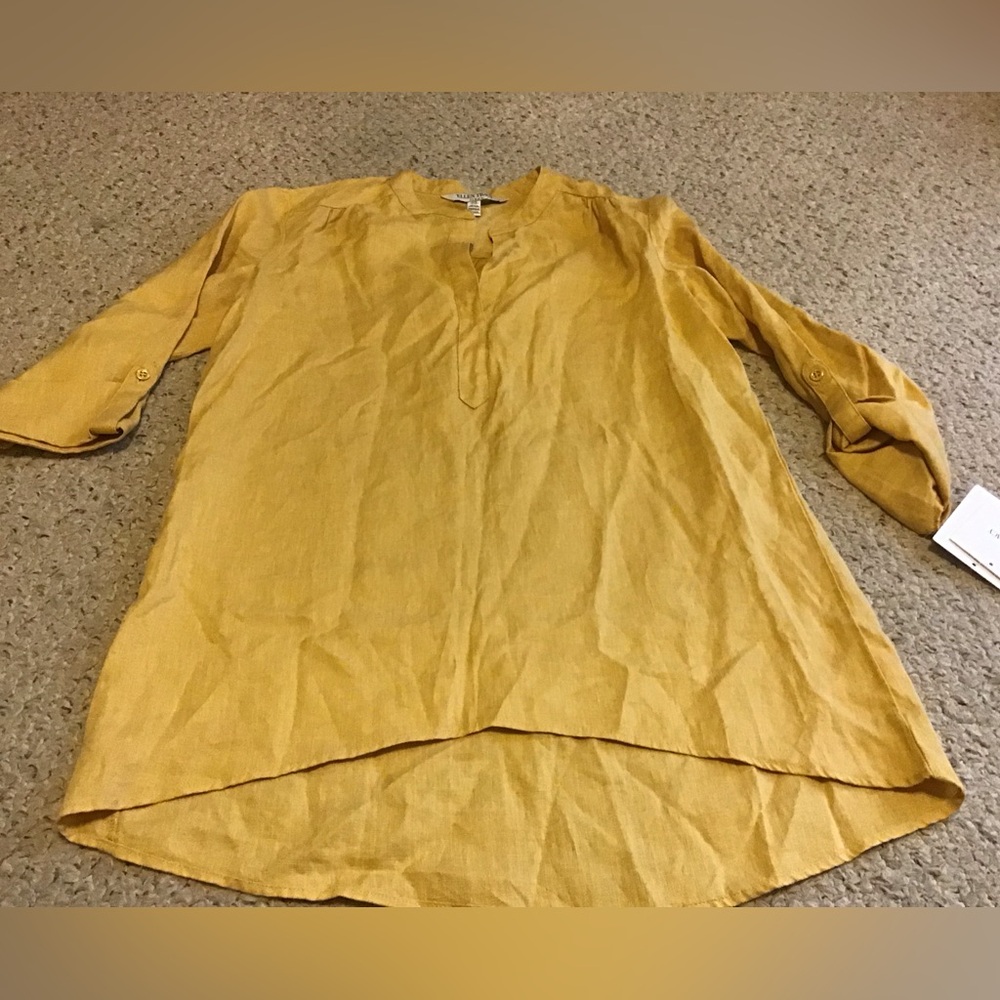ELLEN TRACY LINEN HI LO TUNIC TOP WOMENS SZ M MUSTARD COLOR TAB SLEEVES